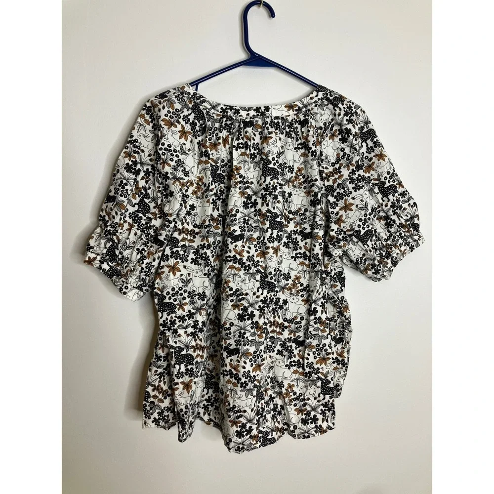 LOFT Outlet Blouse Womens Large White Black Floral Bunny Deer cotton Puff Sleeve